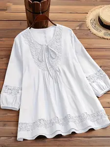 Women's Plus Size New Shirt Tie-Waist Lace Patchwork Blouse, Casual Embroidered Top, Fashionable Women's Clothing