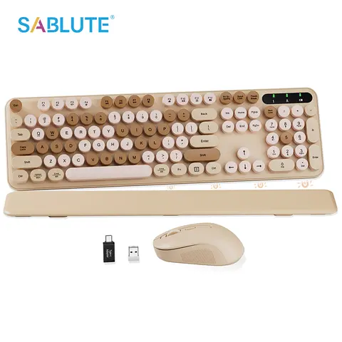 SABLUTE CK23 Vintage Wireless Desktop Keyboard & Mouse Combo - Non-Bluetooth USB Receiver, Detachable Wrist Rest, Round Keycap Design, Foldable Legs, Sleep Mode, Anti-Slip Pads, Efficient Signal Transmission, Waterproof, for Back to School