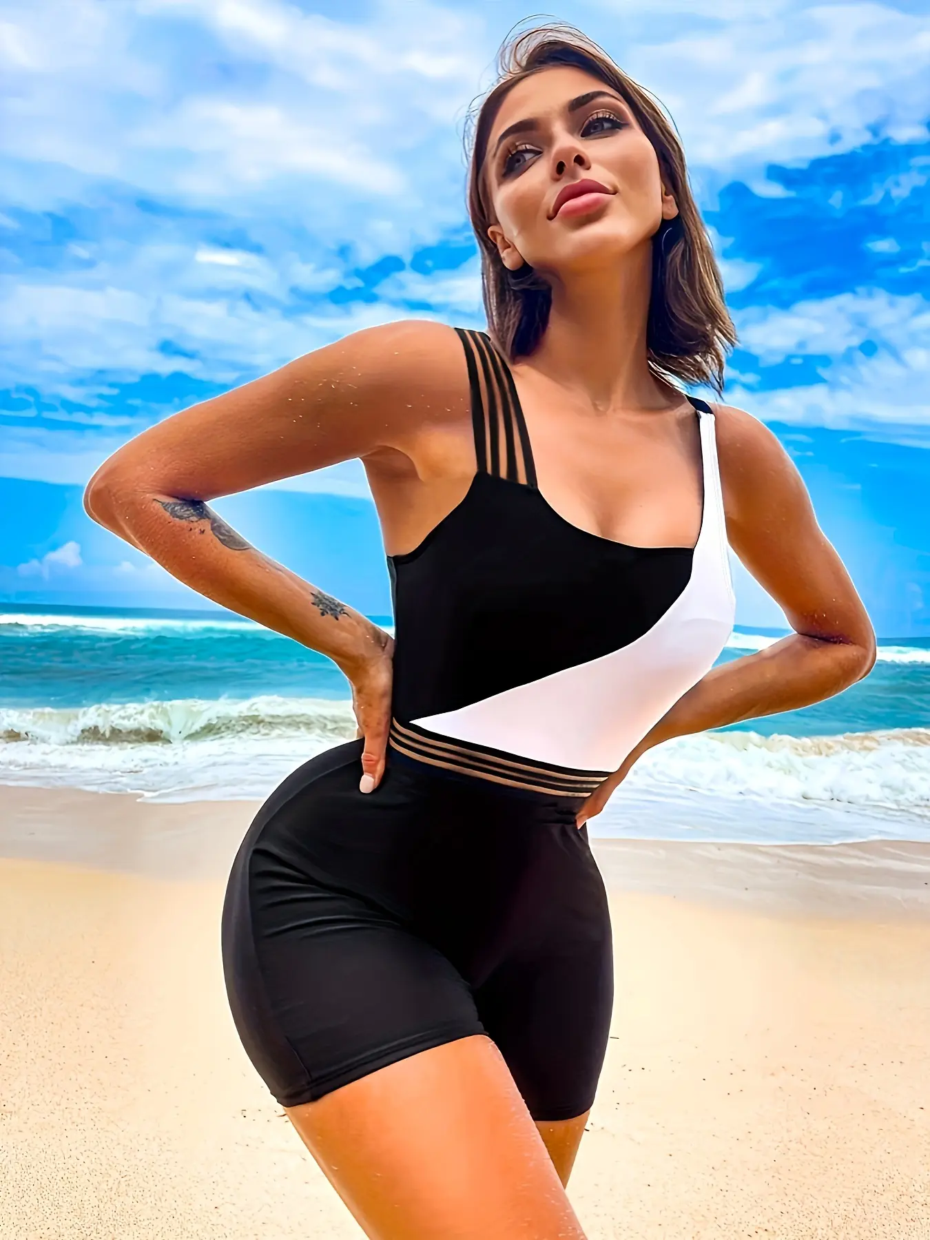 Bikini Two-Tone Asymmetric Neck Mesh Patchwork One-Piece Swimsuit, Beach Fashion Swimsuit, Stylish and Comfortable Summer Swimwear for Women, Perfect for Beach and Pool