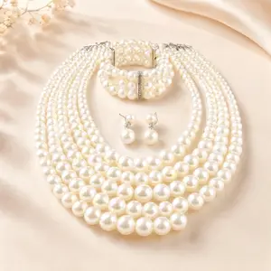 Multi Layer Faux Pearl Necklace Earrings Bracelet Set for Women, Chunky Pearl Choker Statement Jewelry Set, Elegant Bridal Wedding Party Gift