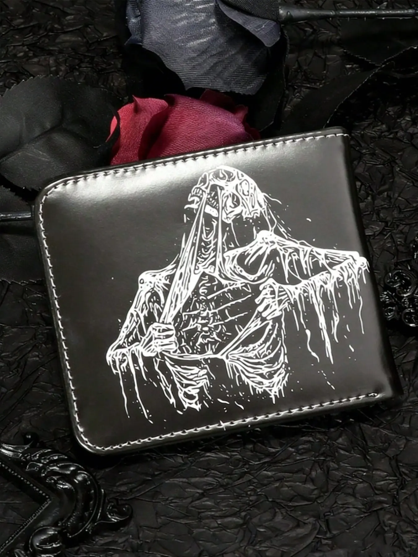 PU Leather Wallet, Punk Style, Linear Skull Design, Gothic Casual Bifold, Unisex, Cash Pocket, Lightweight, All Seasons