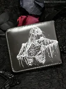 PU Leather Wallet, Punk Style with Linear Skull Pattern, Unisex Foldable Card Holder, Casual Versatile Purse, Lightweight Portable