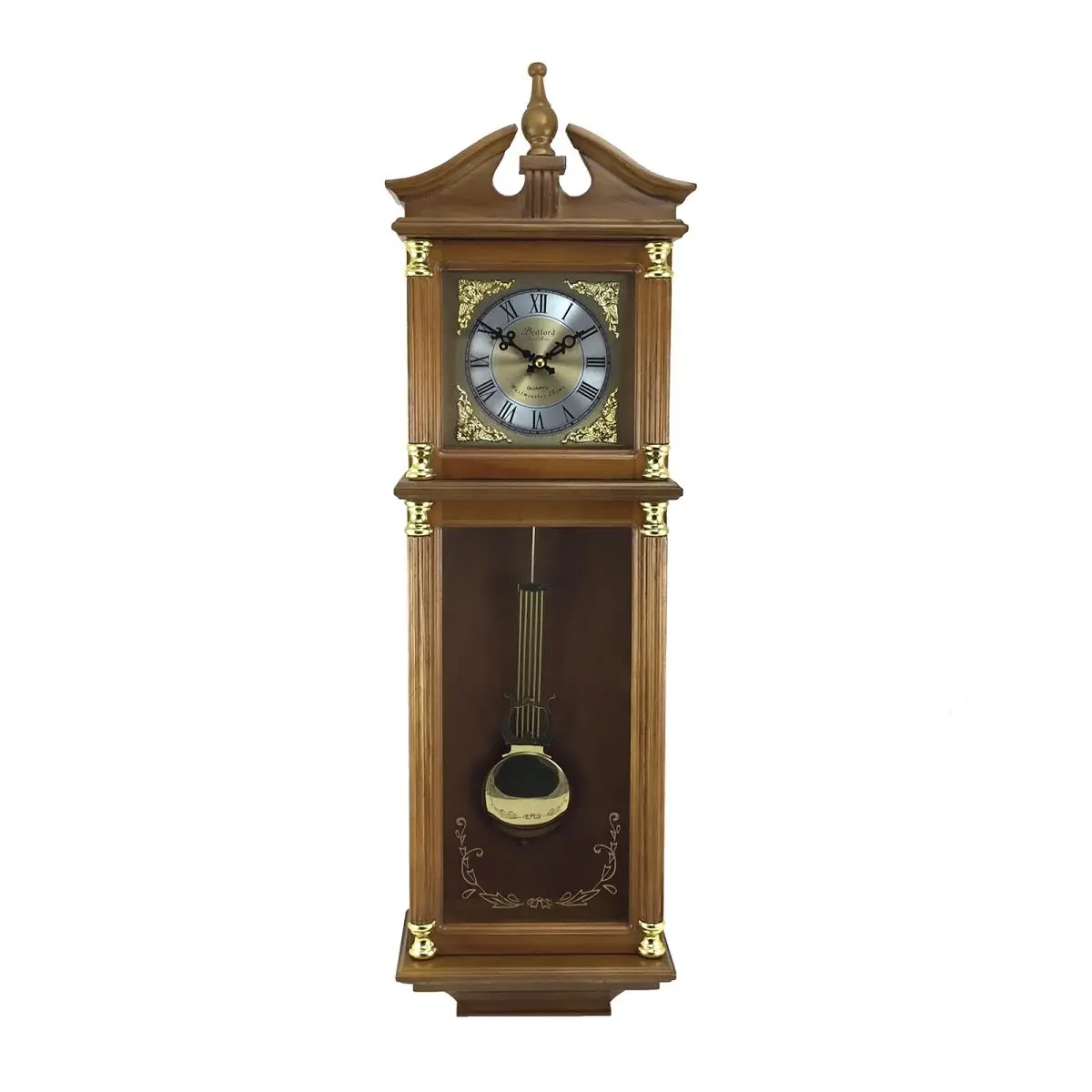 212 MAIN Bedford 34.5 in. Antique Look Wood Wall Clock - Oak Finish, Roman Numerals, Chime Sound, Sleep Mode, Home Decor, Ideal Gift