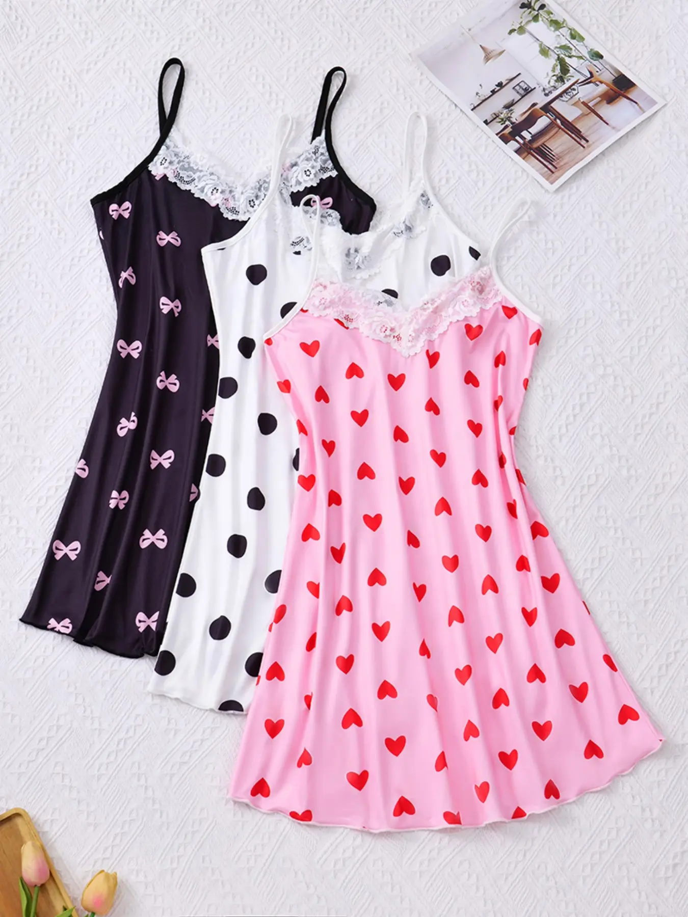 3-Piece Women's Lace Trim Sexy Thin Strap Pajamas Nightie, Comfortable Polyester and Elastic Fiber Blend, Cartoon Print Skirt Set