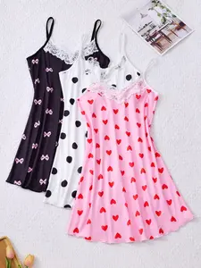 3-Piece Women's Lace Trim Sexy Thin Strap Pajamas, Comfortable Polyester and Elastic Fiber Blend, Cartoon Print Skirt Set