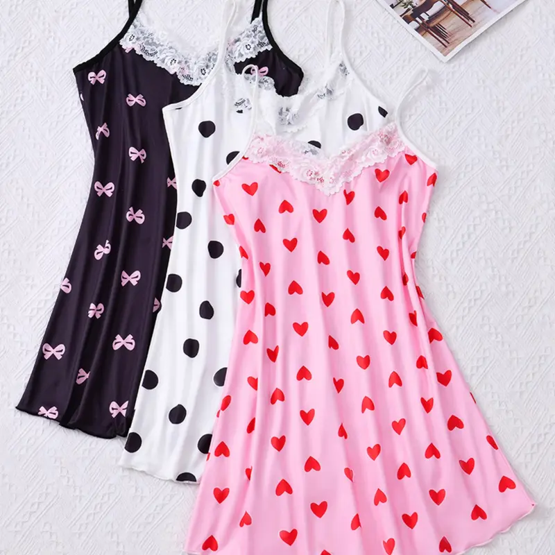 Women's 3-Piece Lace Trim Sexy Spaghetti Strap Nightgown, Comfortable Polyester and Spandex Blend, Cartoon Print Slip Nightie Dress, Nightwear