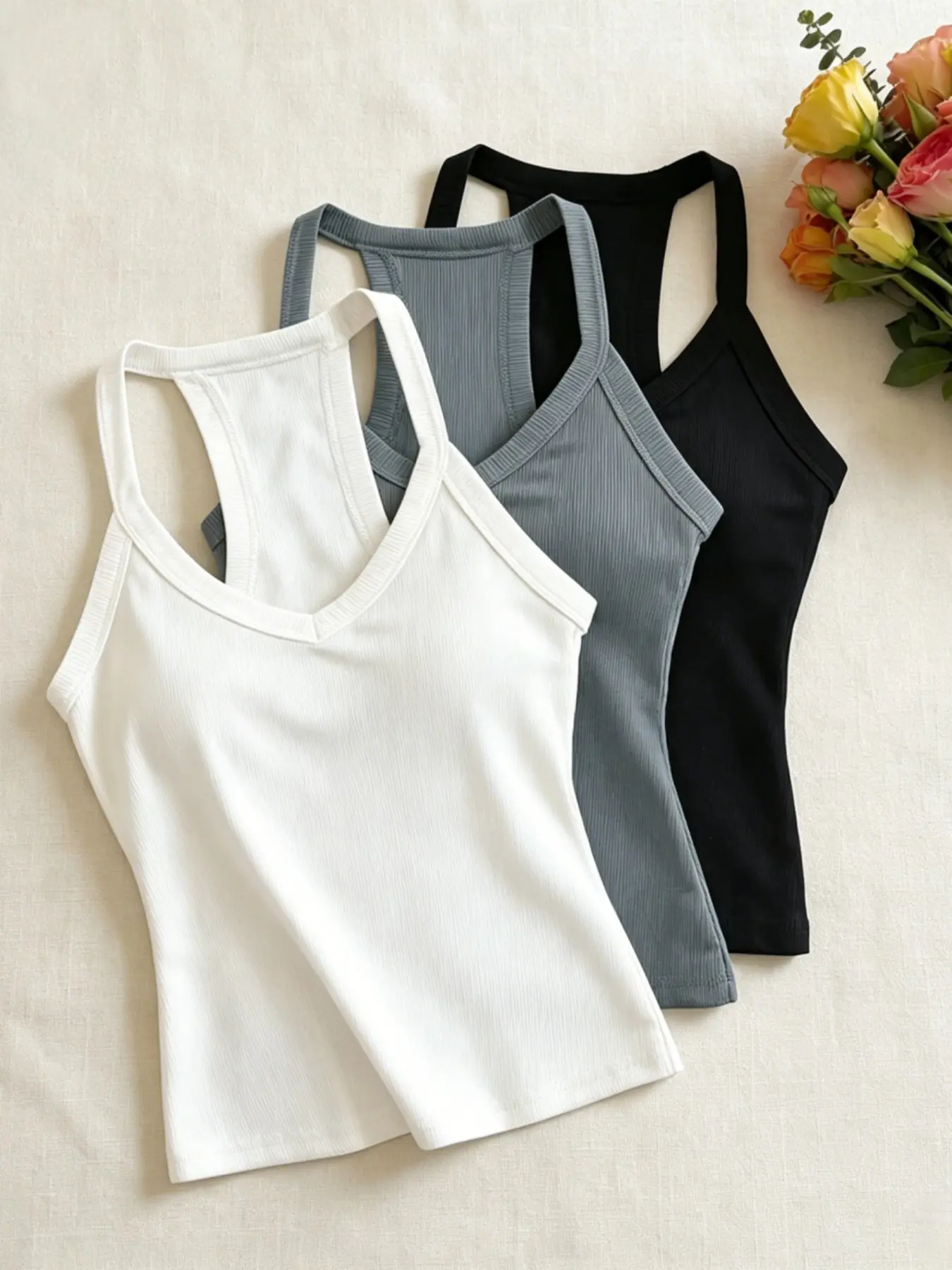 Women's 3-Piece Ribbed Tank Tops, V-Neck Slim Fit Sleeveless Camisoles, Summer Casual Basic Sports Bras, Daily Wear Everyday Essentials, Casual Beach Tank