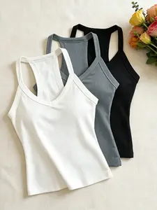 Women's 3-Piece Ribbed Tank Tops, V-Neck Slim Fit Sleeveless Camisoles, Summer Casual Basic Sports Bras, Daily Wear Everyday Essentials
