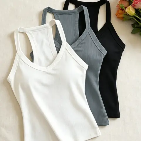 Women's 3-Piece Ribbed Tank Tops, V-Neck Slim Fit Camisoles, Summer Casual Basic Sports Bras, Daily Wear Everyday Essentials, Casual Beach Tank, Sleeveless Vneck Top