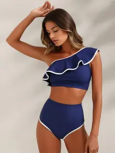 Navy Blue One-Shoulder Ruffle High-Waisted Bikini Set