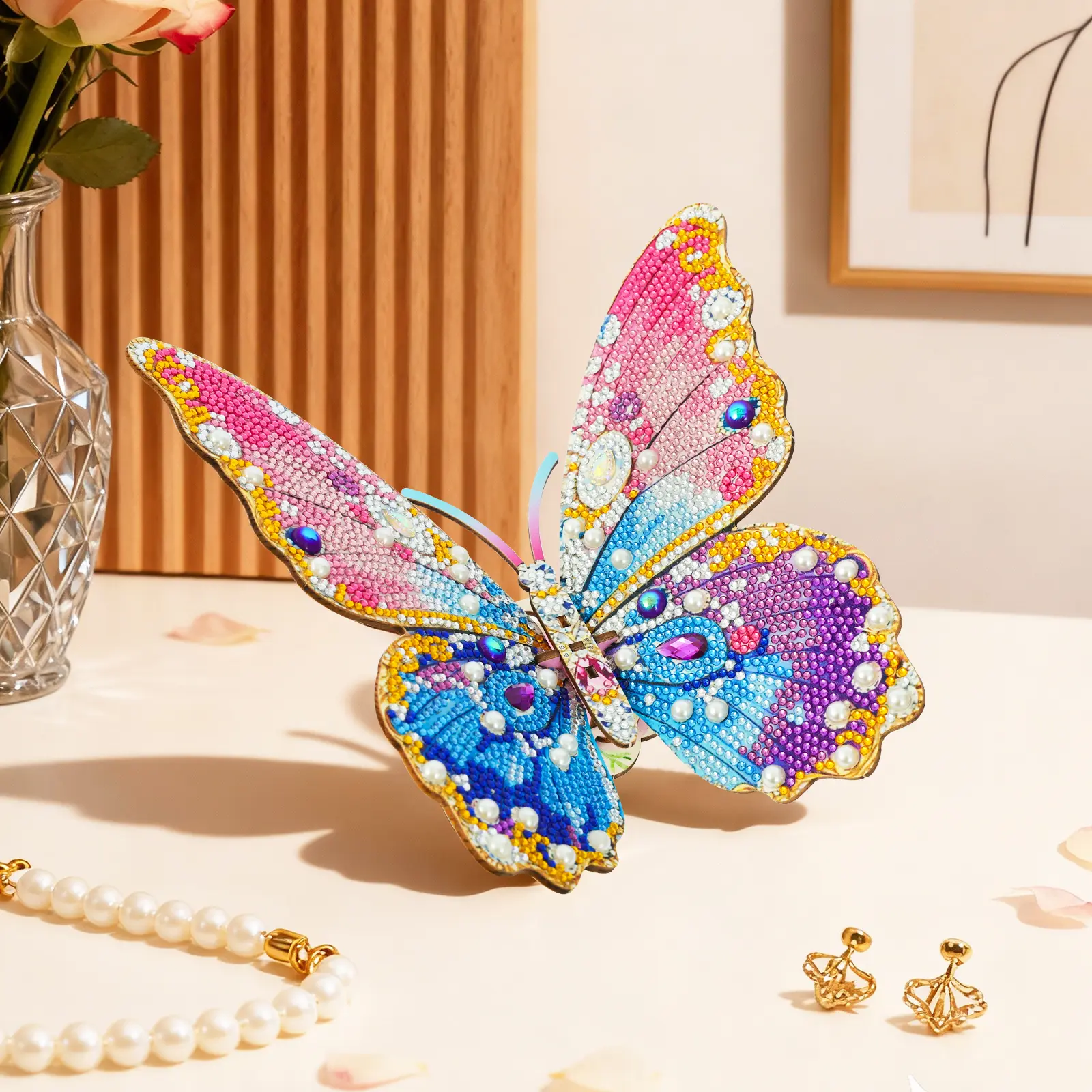 3D Shiny Gemstone Diamond Painting Wooden  Butterfly Kit，2-in-1 Diamond Art Butterfly Decor,Freestanding Tabletop Ornament & Hanging Wall Decor, Sparkling Rhinestone Pearl Butterfly Home Decoration