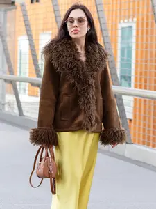 Women's Winter Jacket Faux Leather Coat with Artificial Fur Trim, Oversized Collar and Cuffs, Plush Comfortable Outerwear