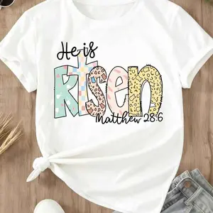 Women's Casual T-Shirt White He is Risen Matthew 28:6 Christian Easter Spring Summer Clothing