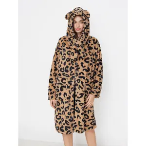 Cider Fleece Hooded Leopard Print Oversized Robe