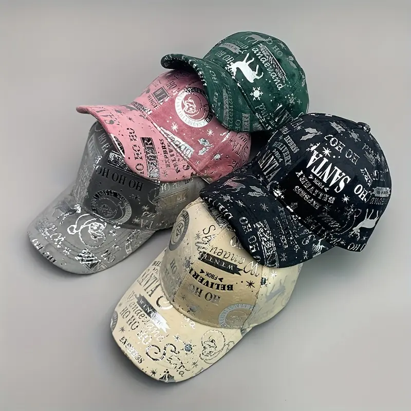 1pc Christmas Reflective Baseball Cap Adjustable Lightweight Polyester Vintage Distressed Six-Panel Street Style Cap with Random Print Patterns (Stars/Hearts/Music Notes) - Unisex Casual & Festive Holiday Accessory, Streetwear Hat, Curved Brim, Embossed D