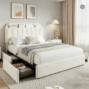SA-Garvee Twin Bed Frame with Storage Headboard, Bed Frame with 2 Drawers, Boucle Upholstered Platform Bed with Bookcase, No Box Spring Needed, Easy Assembly, Ivory White