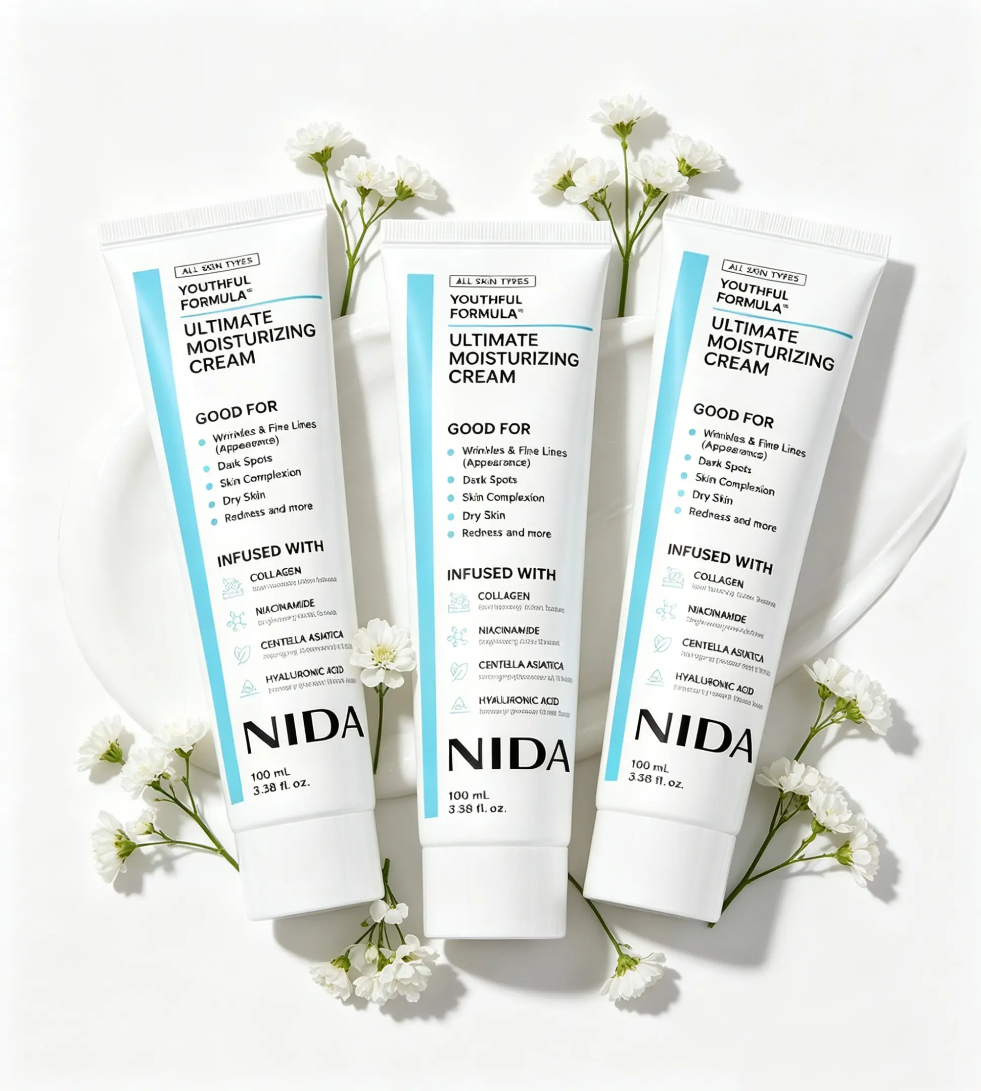 NIDA Youthful Formula Ultimate Moisturizing Cream (100mL) / Collagen, Niacinamide, Centella Asiatica, Hyaluronic Acid / Wrinkles, Dark Spots, Skincare Hydrating Daily Moisturizer Moisture Hydrate