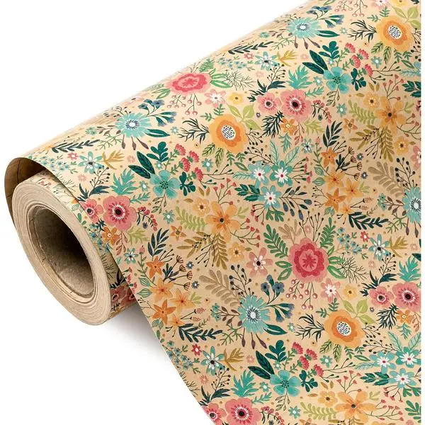 WRAPAHOLIC Kraft Floral Wrapping Paper Roll - Mini Roll - 17 Inch x 9.8 Feet - Spring Summer Garden Flower Design Perfect for Wedding, Bridal Shower, Birthday