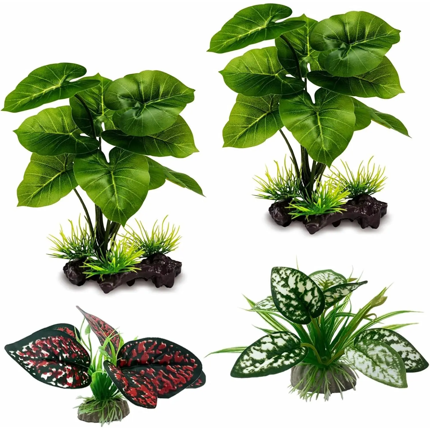Reptile Artificial , Terrarium  Decorations Supplies, Aquarium Fish Tank Plant, Amphibian Habitat Hideout Tank Accessories(M Set-4pcs/D)