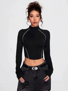 Women's Solid Color Zipper Tee, Elegant Fashion Casual Long Sleeve T-shirt for Daily Outdoor Wear, Women Clothing for Spring ＆ Fall