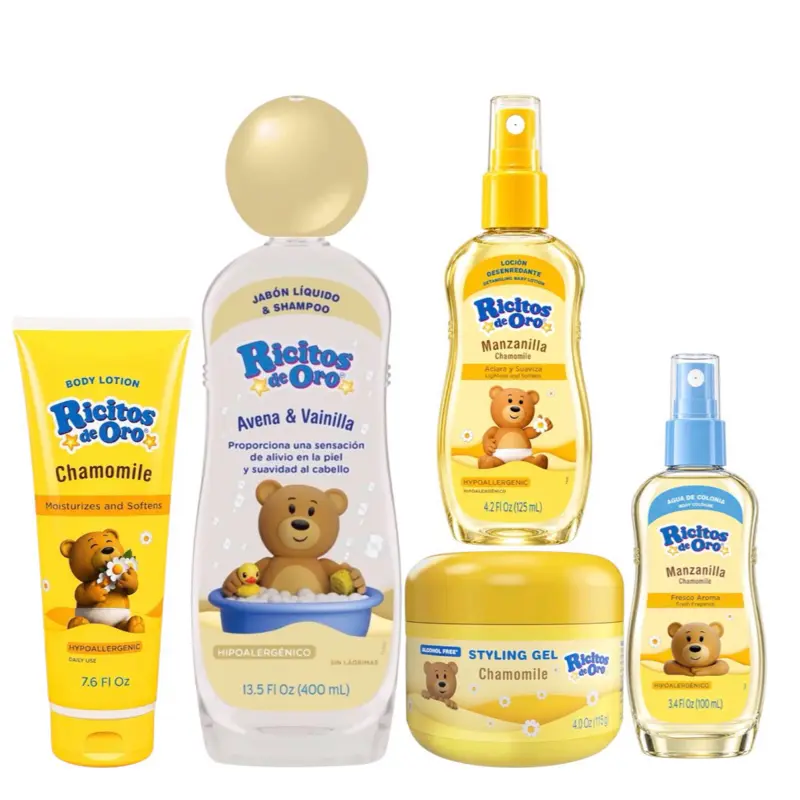 Ricitos de Oro Baby Hair & Body Wash with Oats and Vanilla  Hypoallergenic Tear-Free Body Wash and Shampoo 13.5oz, COMBO, body lotion, detangling spray, styling gel, and Colonia