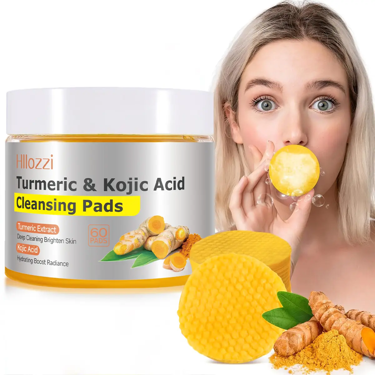 Turmeric Kojic Acid Facial Cleansing Pads – Hydrating Daily Cleanser with Vitamin C & Aloe Vera | 60 Count