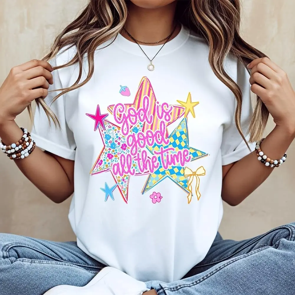 God Is Good All The Time Star Floral Print T-Shirt, Christian Faith Religious Graphic Tee, Inspirational Church Worship Casual Wear