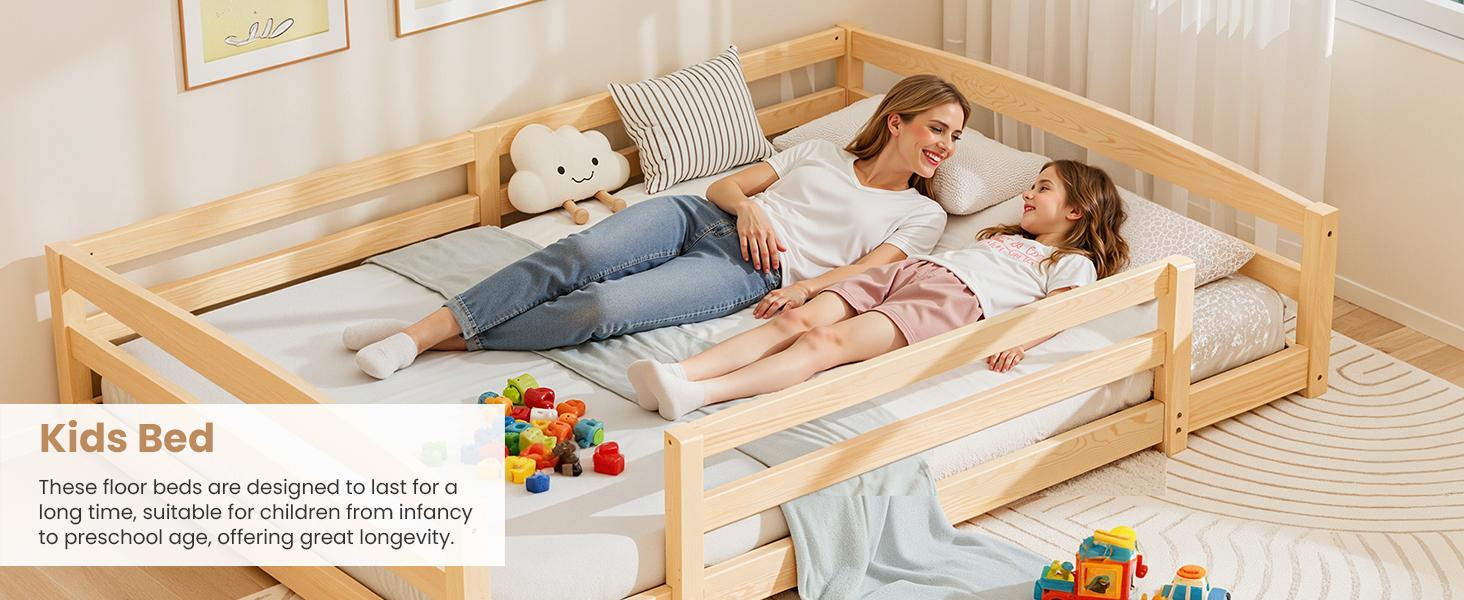 Naudacaa Twin / Full Toddler Bed with Rails, Low Montessori Floor Bed Frame for Kids w/ 2 Openings, Solid Wooden Floor Beds for Girls and Boys, CPC Certified