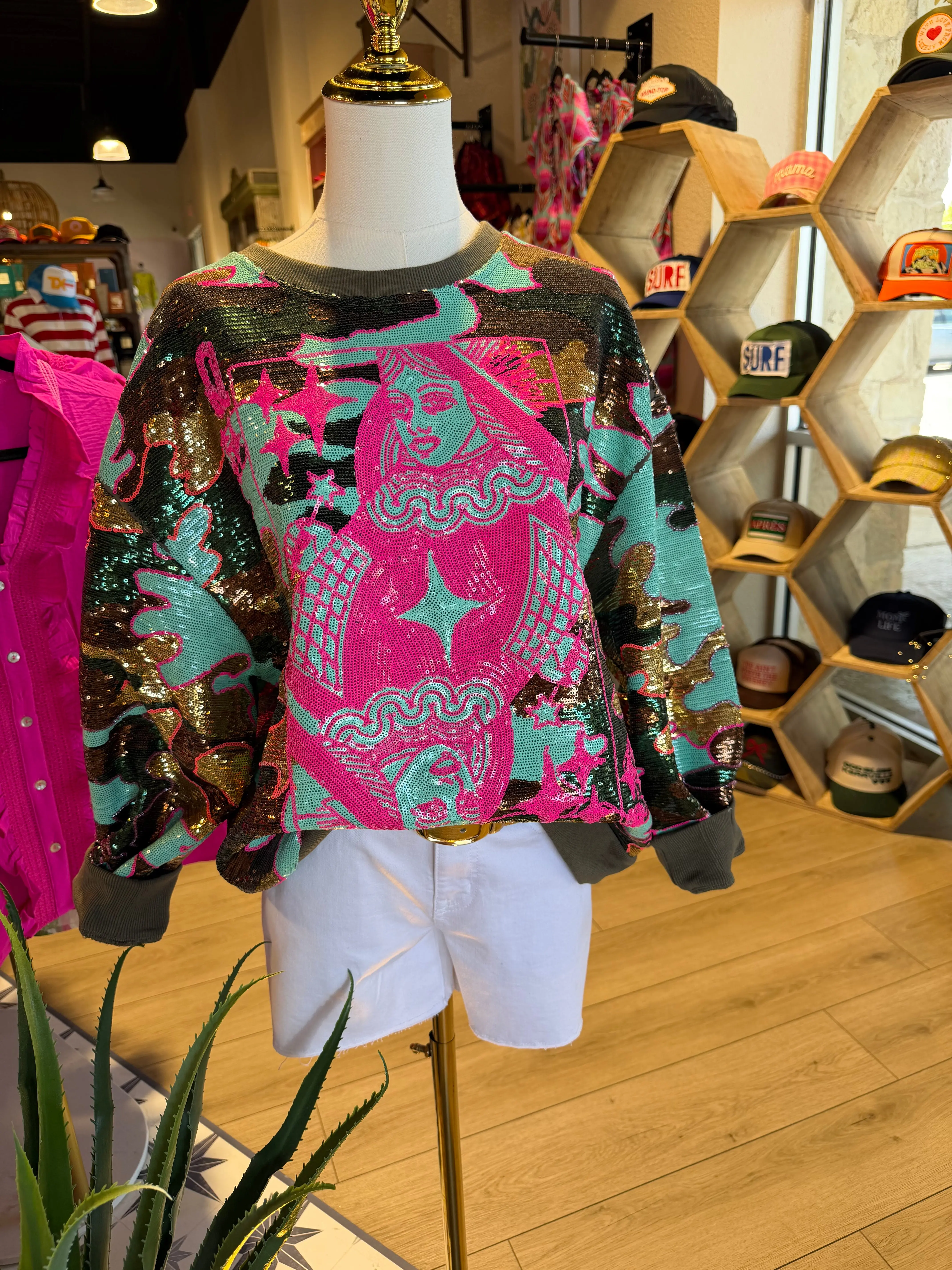 Women's Relaxed-Fit Sequin Camo Card Sweatshirt