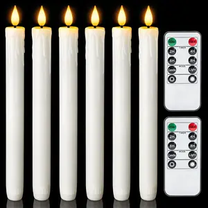 Real Wax LED Flameless Taper Candles with Timer, Dripless Fake Candlesticks with 3D Flickering Flame, 9.6 Inches White Window Candle for Fireplace Christmas Halloween