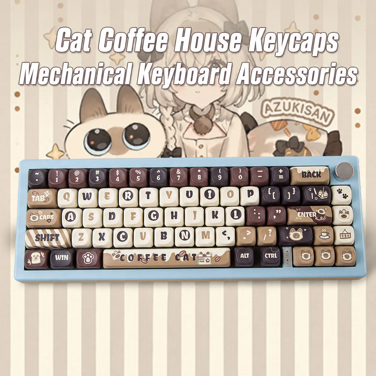 Cat Coffee House Cute PBT Keycap 132-Key Set - MOA Profile, 5-Sided Dye-Sublimated, Compatible with Mechanical KBs, Esports Gaming & Desktop Modification Computer Peripheral Accessory