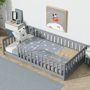 Twin Size Floor Bed with Fence without Door, Twin/Full/Queen Size Bed Floor Bed with Safety Guardrails and Door,Twin/Full Size Montessori Floor Bed for Kids, Solid Wood Bed Frame with Fence, Door & Safety Guardrails, CPC Certified