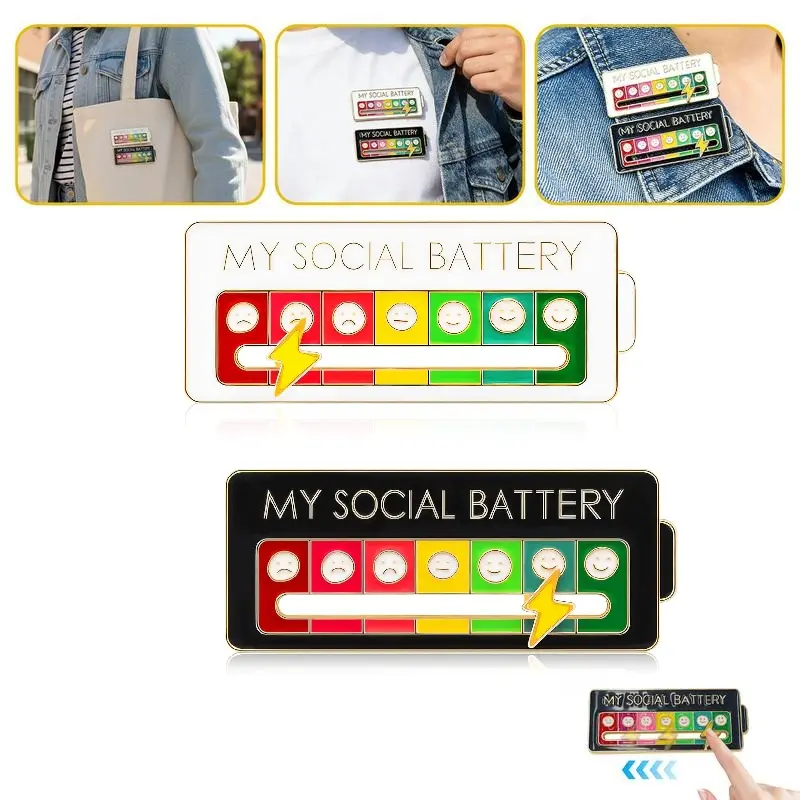 2 Pack Social Battery Slider Pin - Interactive Mood Pin for Introverts, My Battery mood Creative Lapel Pin, Fun Enamel Emotional Pin 14 Days A Week - Novelty Accessories & Cute Gifts for Friends