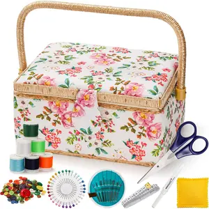Sewing Basket with Accessories, Wooden Sewing Tool Storage Box with Removable Tray, Vintage Sewing Tool Carrying Bag for Sewing and Mending, Suitable for Beginners and Professionals, Floral Print, Christmas Gift