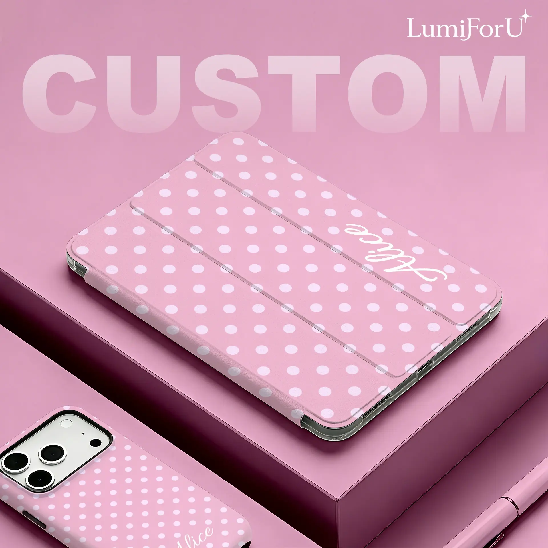 LumiForU Personalized DIY Name Durable PU Cover, Pink Polka Dot Flip Case with TPU Soft Shell, 3-Fold Stand, Pencil Slot, Shockproof, Auto Sleep/Wake for iPad Covers & Galaxy Tab Models - Tablet Computer Accessory