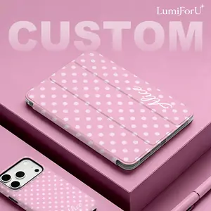 LumiForU personalized customized diy name ipad case Pink Polka Dot Printed PU Leather Flip for Air 11inch/Pro 12.9/11/10.9/10.5, Mini 8.3, 9th/10th Gen, Galaxy Tab S10+/S9+/S8+/S7 FE with TPU Soft Shell, 3-Fold Stand, Pencil Slot, Shockproof, Auto Sleep/W