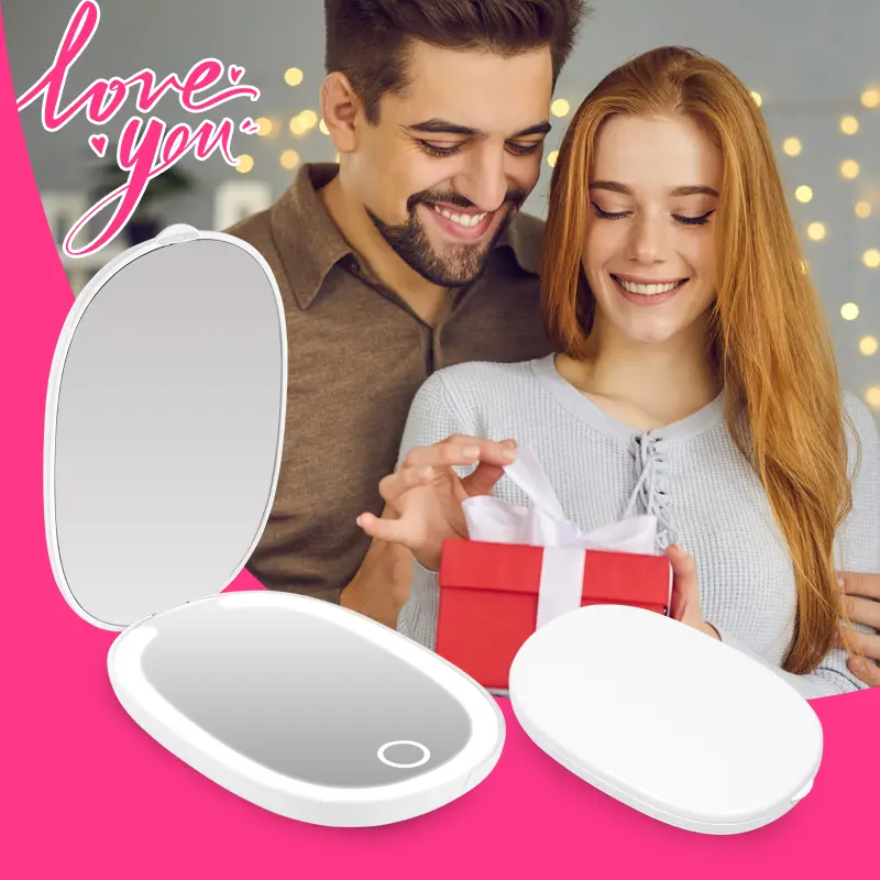 Folding flip makeup mirror, with LED lights, portable, rechargable Balancing Facial Reflection Mirror Compact Magnifying Makeup Mirror with Suction Cups Rechargeable Handheld Makeup Mirror with Magnification