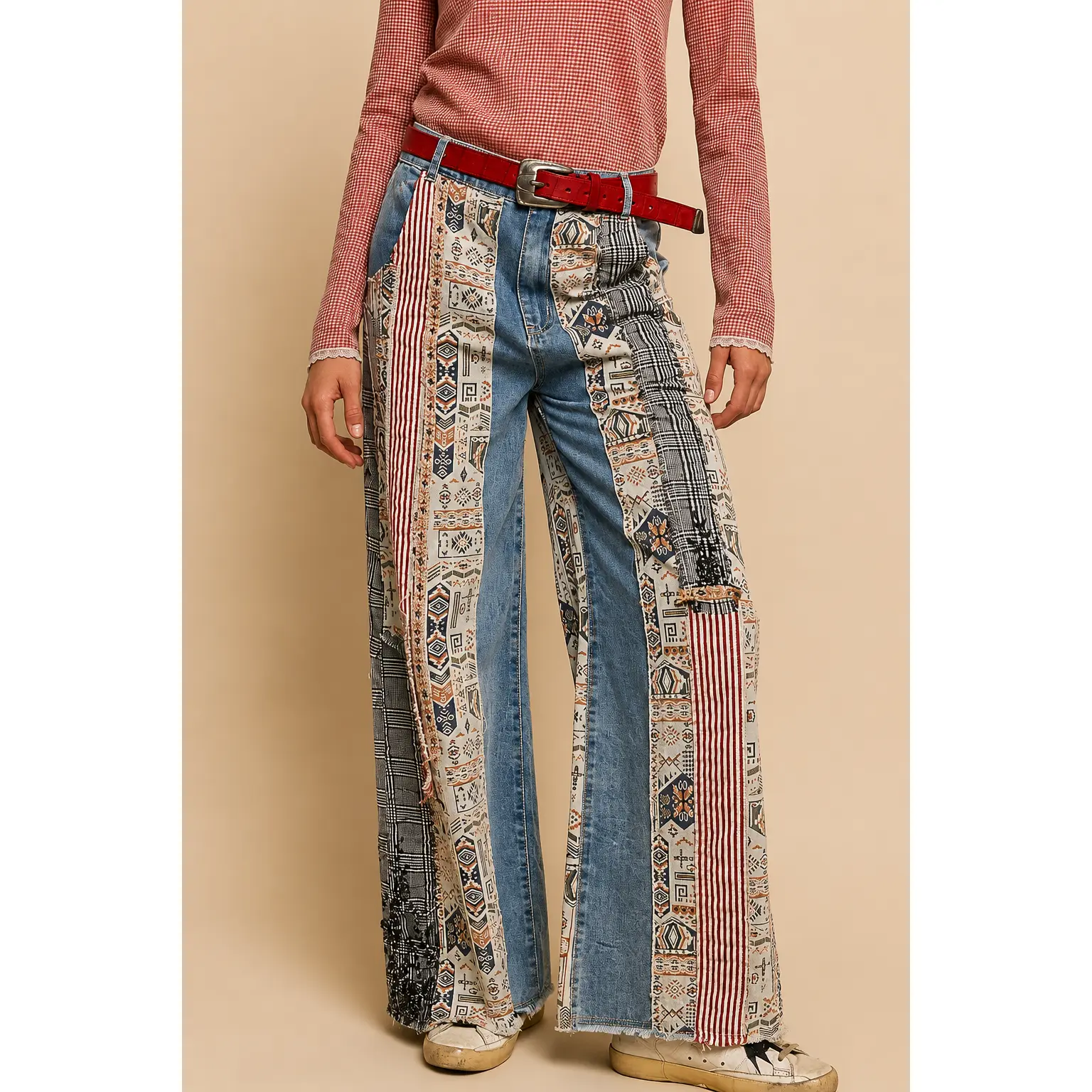 POL Clothing Patchwork Relaxed Woven Denim Pant
