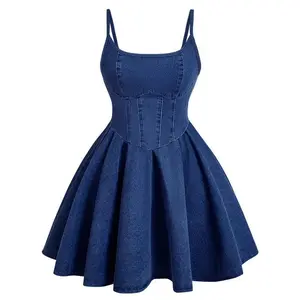 Women's casual square collar ruffle hem A shaped mini denim dress Womenswear Zipper