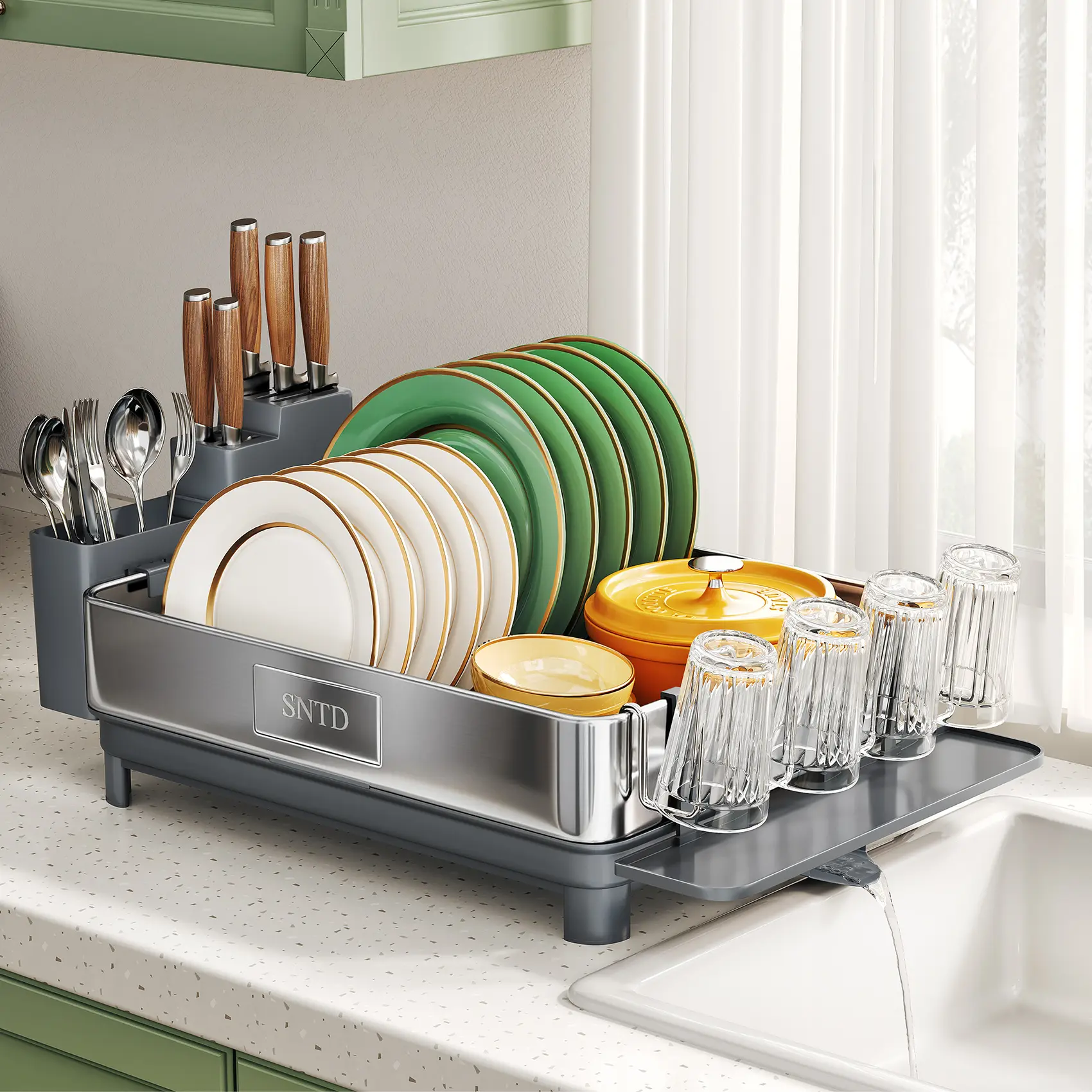 SNTD 304 Stainless Steel Dish Drying Rack, Compact Dish Rack for Small Kitchen Counter, Large Capacity with Drainboard, Rotating Spout & Utensil Holder, Gift Box Packaging