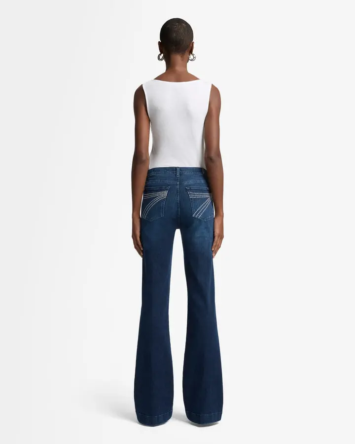 7 For All Mankind Women's Baltimora Slim Illusion Fitted Trouser Jeans in Dark Wash Stretch Fabric with Studded Pocket, Button, Leg, Cotton, Bottoms, Elastane, 7 Back Pocket