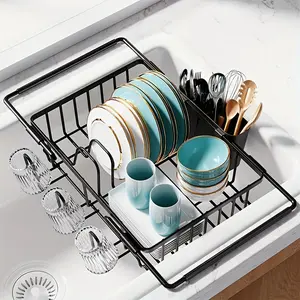 Expandable Sink Dish Drying Rack, Adjustable Metal Dish Drainer with Utensil Holder, Space Saving Kitchen Counter Organizer, Dish Drying Organiser