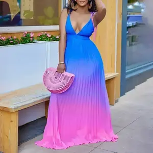 summer spring clothes European V Neck Gradient Color Women Long Dress Beach Holiday Vestidos Party Night Sexy Evening Birthday Dresses Formal Womenswear Check Light Gamis Sleeveless Blue Ombre Spaghetti Strap