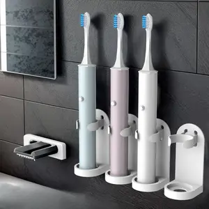 4-Piece Wall-Mounted Electric Toothbrush Holder with Adjustable Arms - Self-Adhesive Space-Saving Bathroom Organizer, Durable Plastic in Modern Design for Contemporary Home Decor, Bathroom Toothbrush Stand, Toiletry Storage, Minimalist Wall Installation,