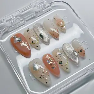 [Crystal Clear] Medium Almond Handmade Press on Nails, Fake Nails with Nail tool kit with Jelly Stickers, Reusable, Durable