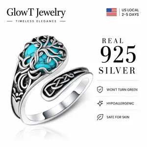 S925 Sterling Silver Turquoise Tree of Life Ring - Trendy Oxidized Celtic Adjustable Spoon Band with Natural Turquoise, Hypoallergenic Spiritual Jewelry Gift for Her, TikTok Viral Witchy Nature Ring for Sensitive Skin