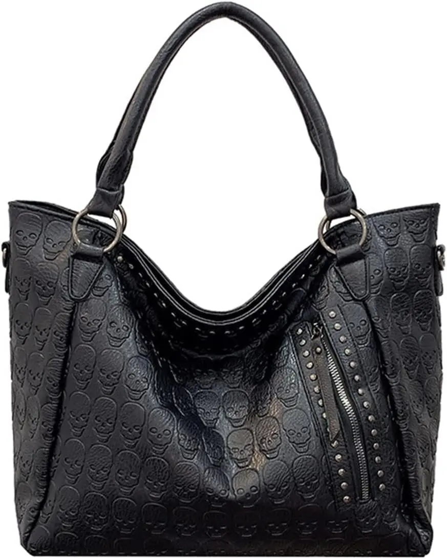 Women's Skull Print Large Tote Bag, Rivet Studded PU Leather Gothic Handbag, Punk Shoulder Satchel for Sports & Outdoor Gym Use, Rivet Studding