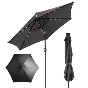 9ft Solar LED Patio Umbrella - 6 Ribs Waterproof Polyester Outdoor Market Umbrella with Push Button Tilt & Crank, for Garden Backyard, Gray Camping Tent Accessory