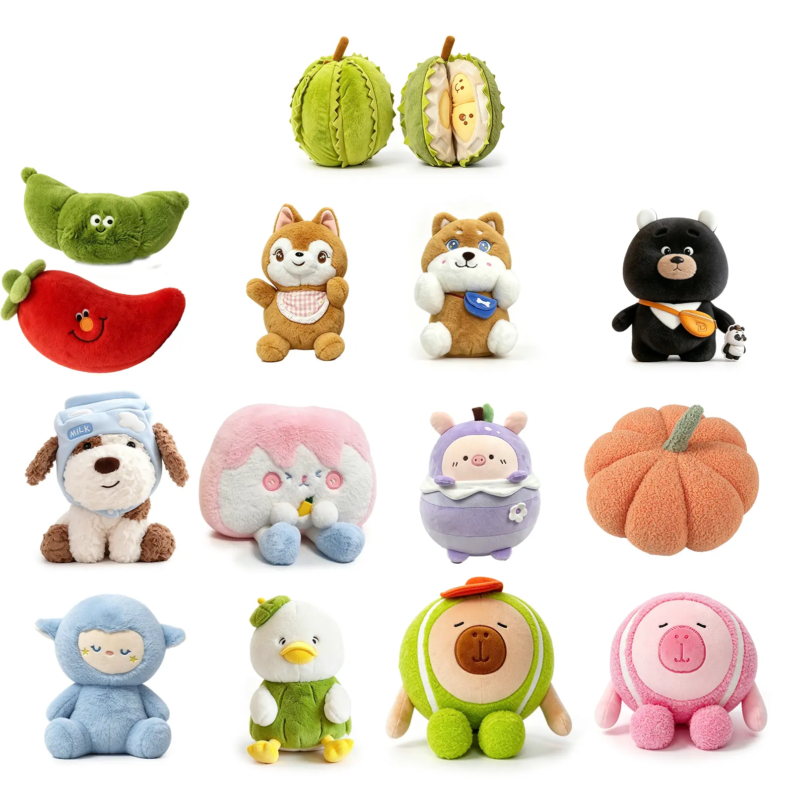 14Pcs Kawaii Cute Stuffed Plush Toy Collection, Soft Fruit Animal Plush Doll Pillow, Durian Capybara Duck Dog Sheep Pepper Pumpkin Plushies, Hugging Comfort Plush Gift for Kids Adults Sofa Decor
