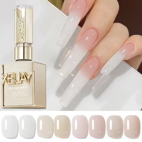 XEIJAYI 4PCS 15ML TPO-HEMA Free Ice Transparent Nude Liquid Gel Nail Polish Set, High Shine Sheer Pink Shades, Soak-Off UV Gel for Almond Nail Art, Flower Decoration, Home & Salon Use